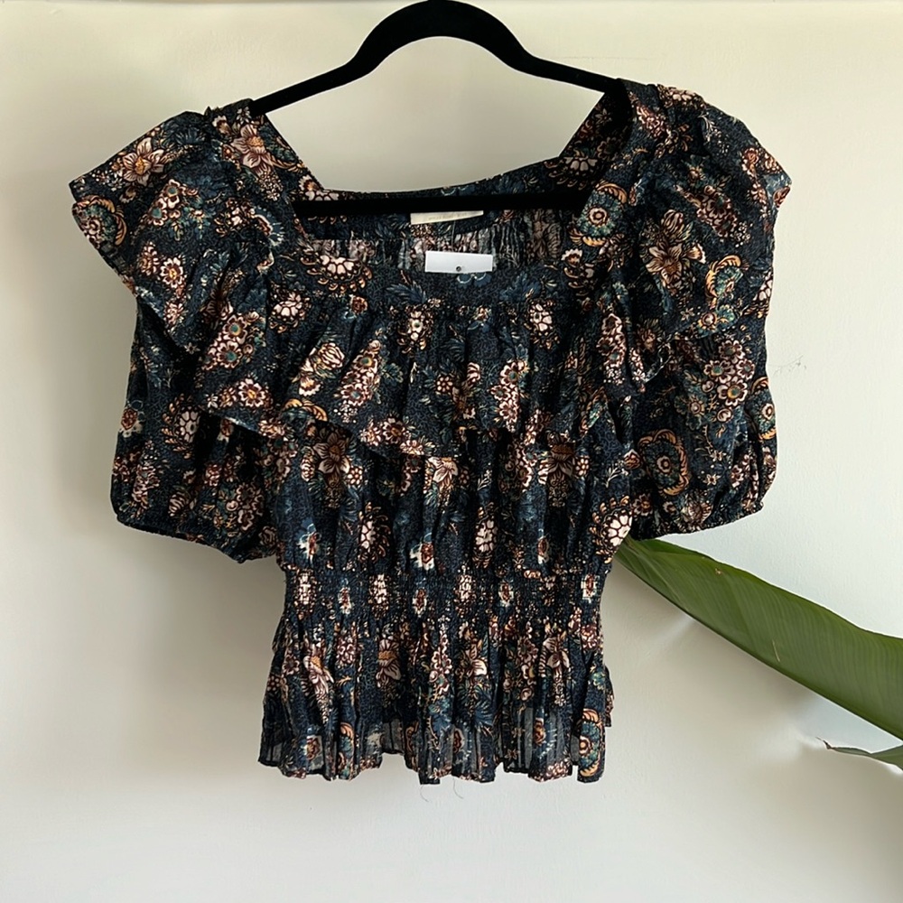 NWT Ulla Johnson
Warner Floral Ruffle Puff-Sleeve Peplum Blouse